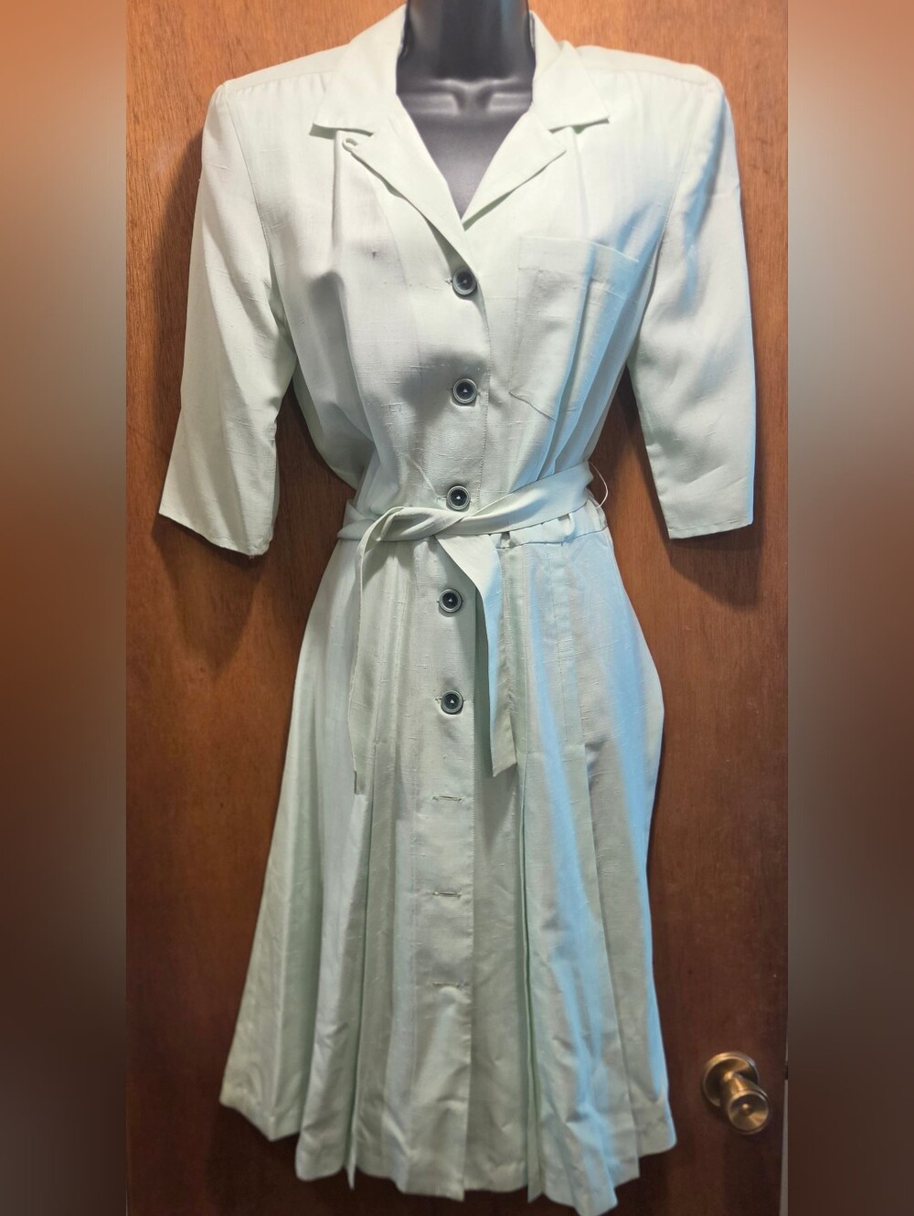 Button-Front Mint Vintage Handmade Silk/linen Midi Dress w/Self-Tie Waist Sz8/M - Picture 2 of 6